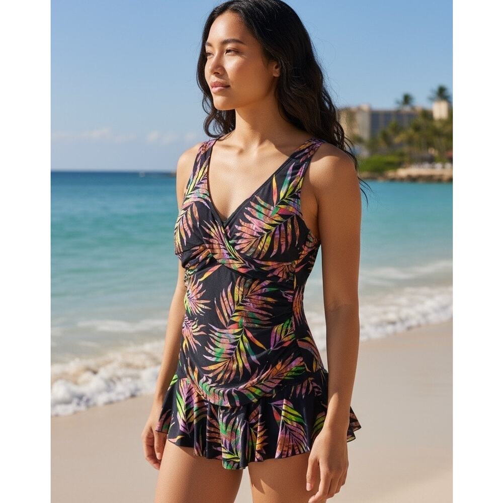 Ceeb One Piece Swimsuit Skirt Palm Leaf Tummy Control - Picture 10 of 10